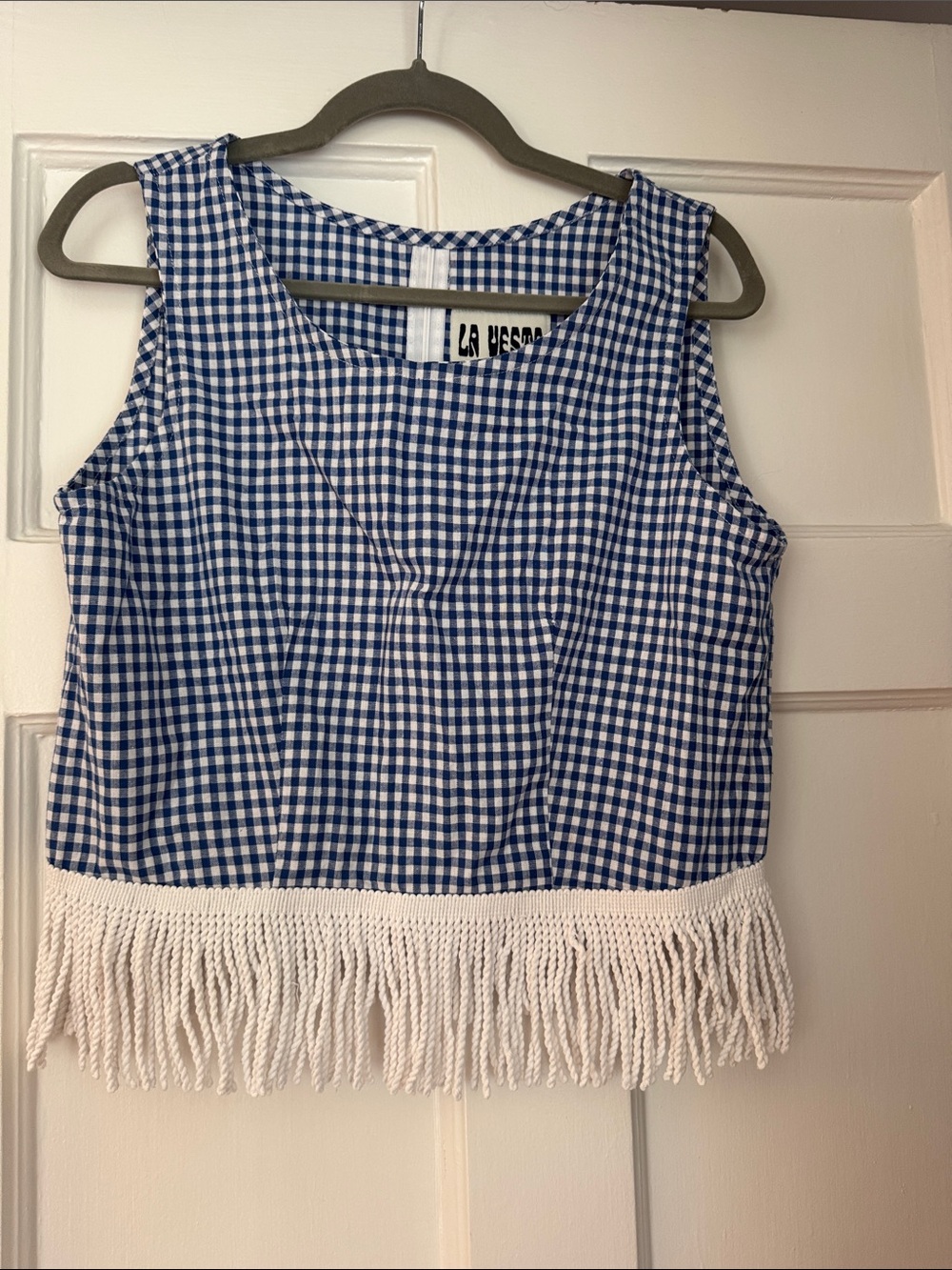 LA VESSA Blue Gingham Fringe Crop Top